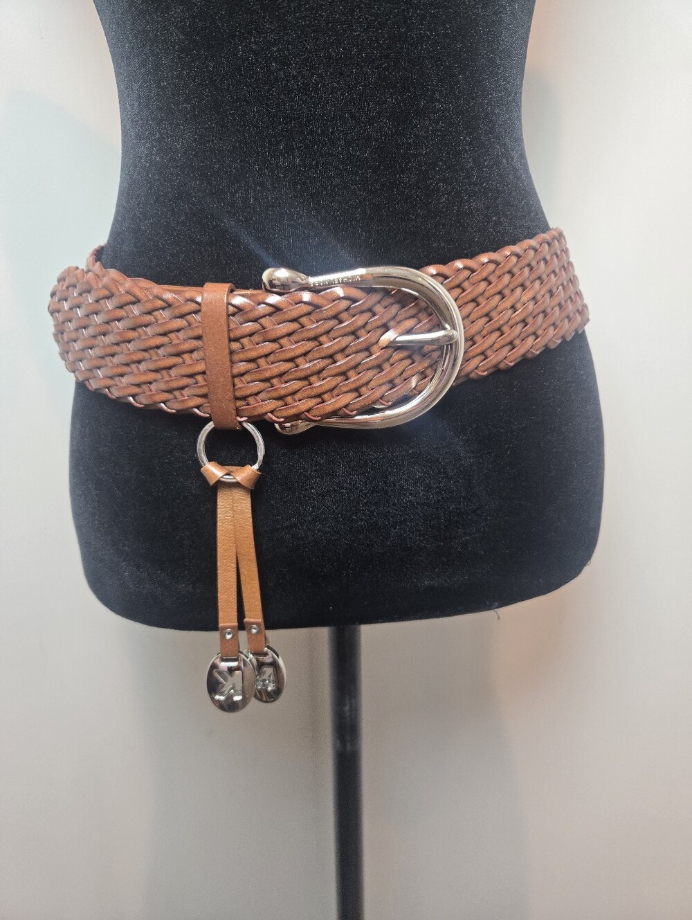 Michael Kors Brown Leather Braided Belt With Silver Charms Small